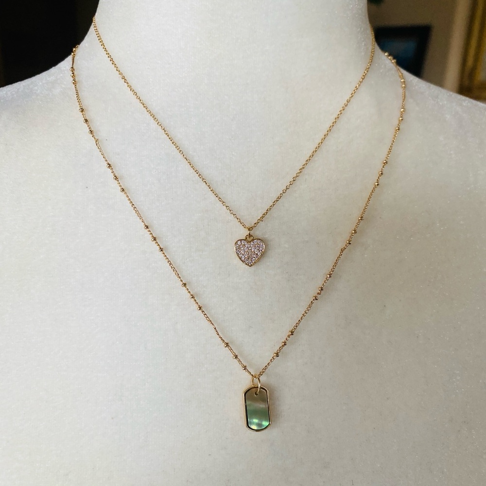 $60 Pave Crystal Heart and Genuine Abalone Stone Necklace Earring Set, 4 Piece